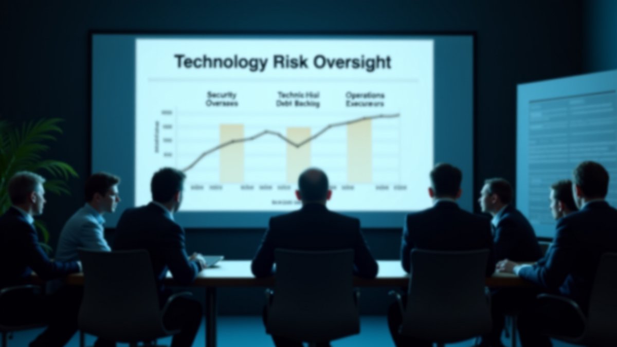Boardroom governance meeting addressing technology risk and cybersecurity backlog accountability.