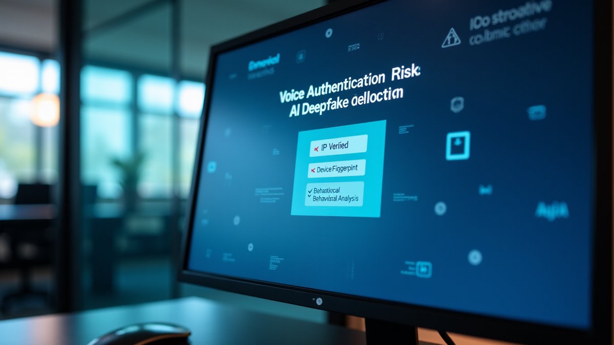 Banking authentication screen warns of AI deepfake voice bypass, showing layered security checks.