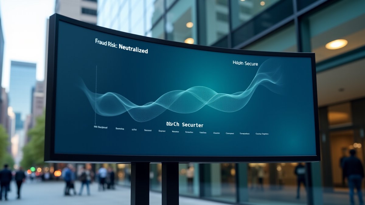 Visa's corporate headquarters with a screen showing a behavioral biometrics fraud alert, representing the BioCatch acquisition.