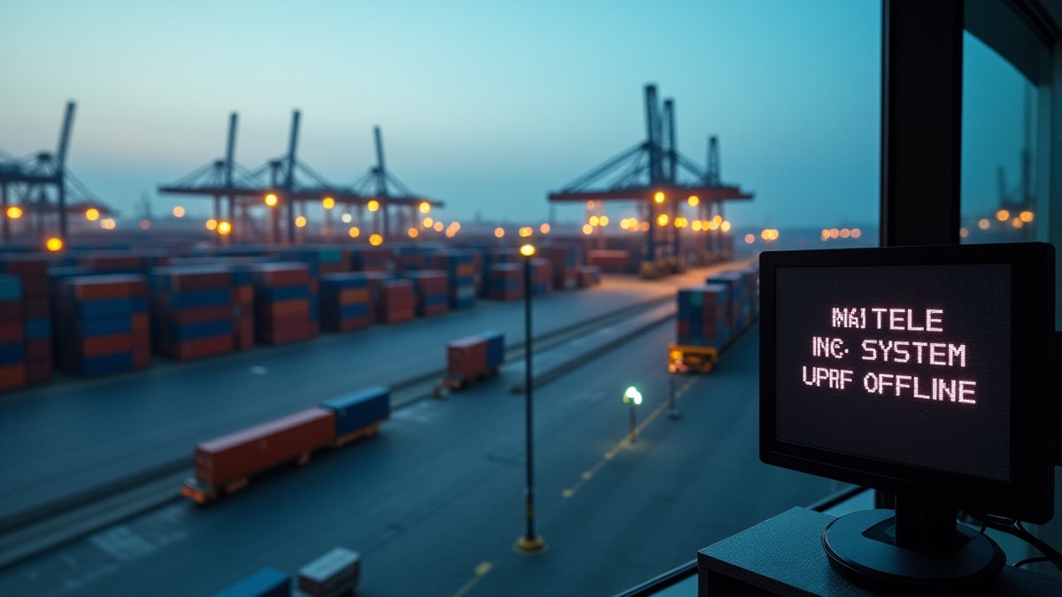 Aerial view of a major port in manual mode after a cyberattack, highlighting critical infrastructure fragility.