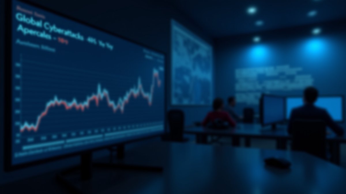 SOC monitor displays a 44% cyberattack surge graph with an AI voice waveform overlay.