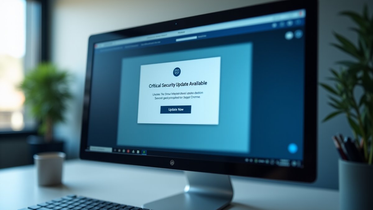 Chrome browser displays a critical security update alert, urging immediate action against an active zero-day exploit.