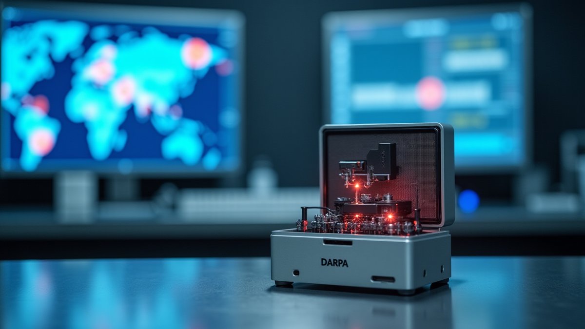 DARPA's new optical clock prototype on a lab bench, with a GPS threat map in the background.