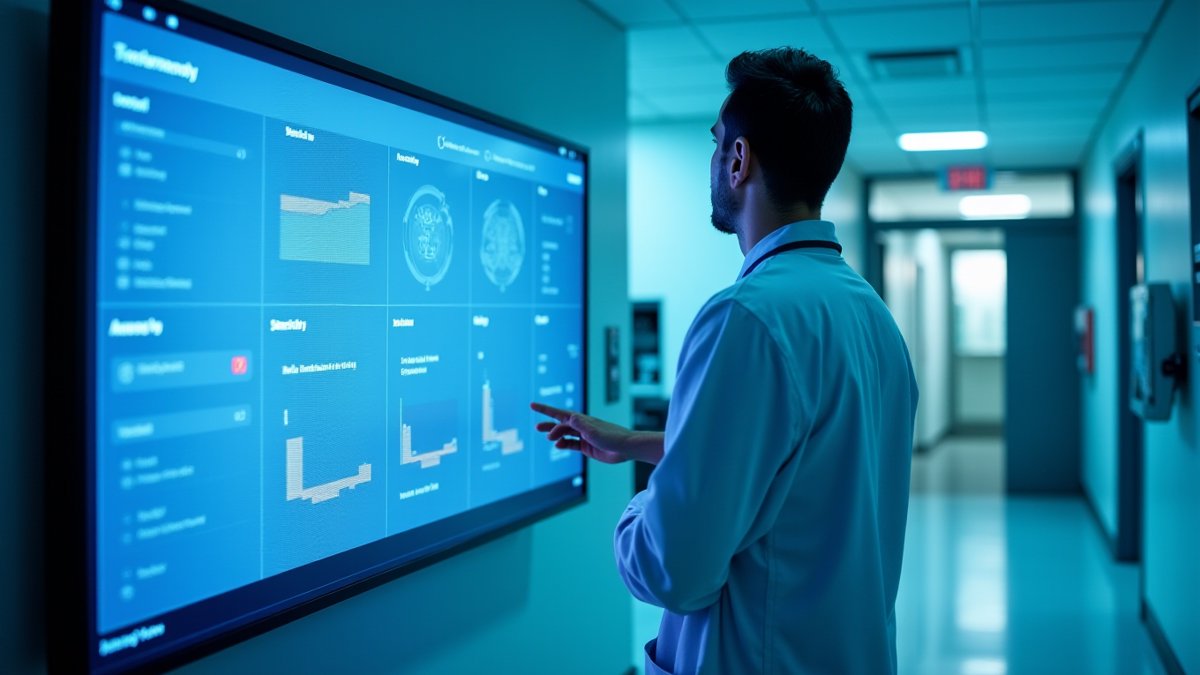 Healthcare AI transparency dashboard reviewed by professional in clinical setting