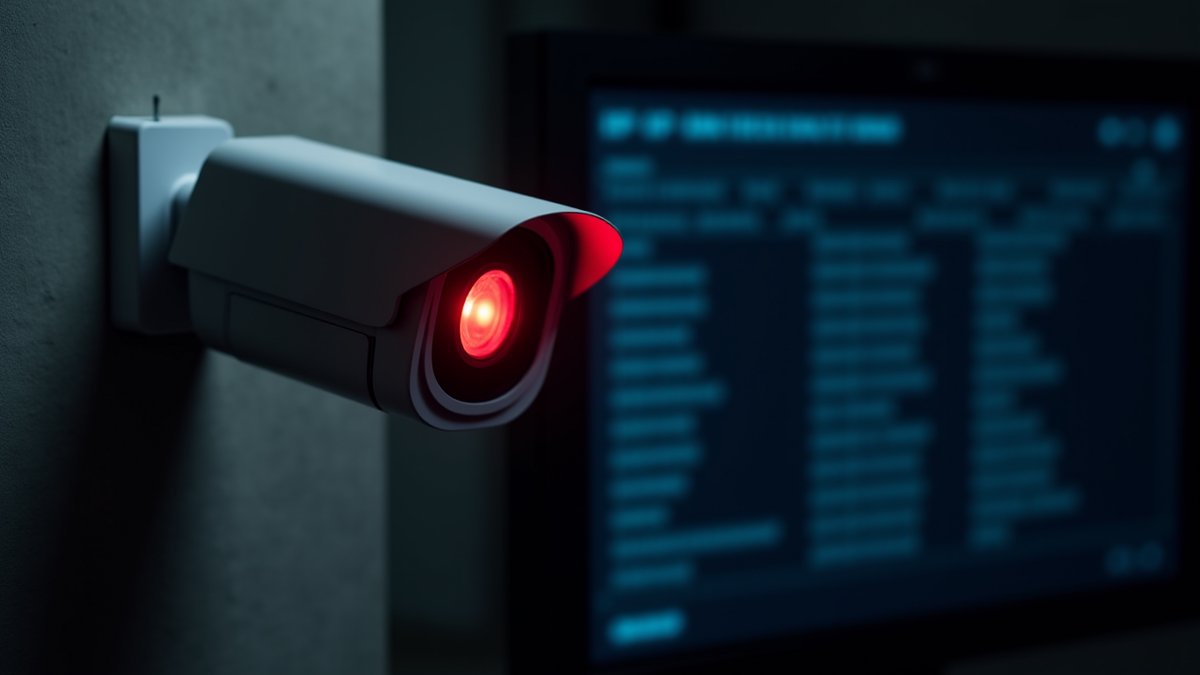 A vulnerable IP camera in a frontline city, its red light glowing, with a scanning interface in the background.