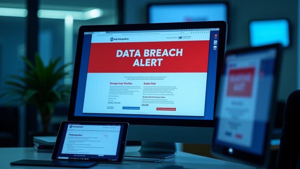 PNLD website shows a data breach alert, with a phishing email warning on a nearby screen.