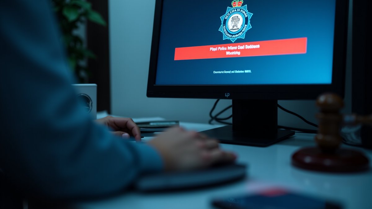 PNLD login screen shows breach alert on a UK police officer's desk, highlighting exposed contact data.