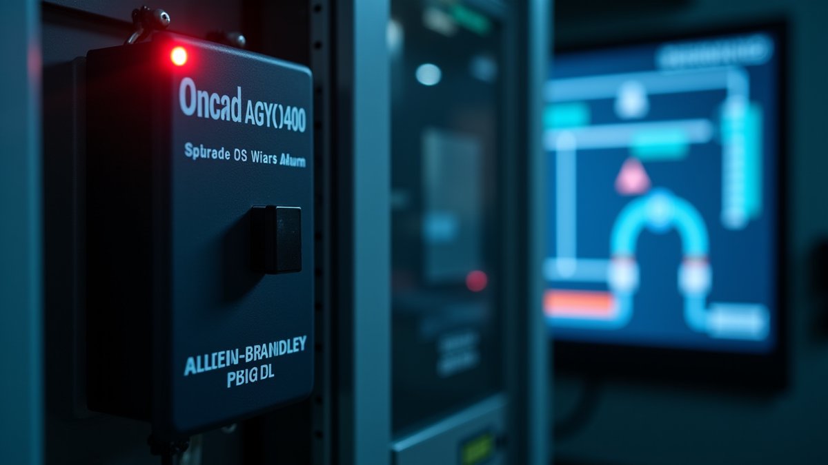 Close-up of a Rockwell Automation MicroLogix PLC with a red alert light in a water utility control room.