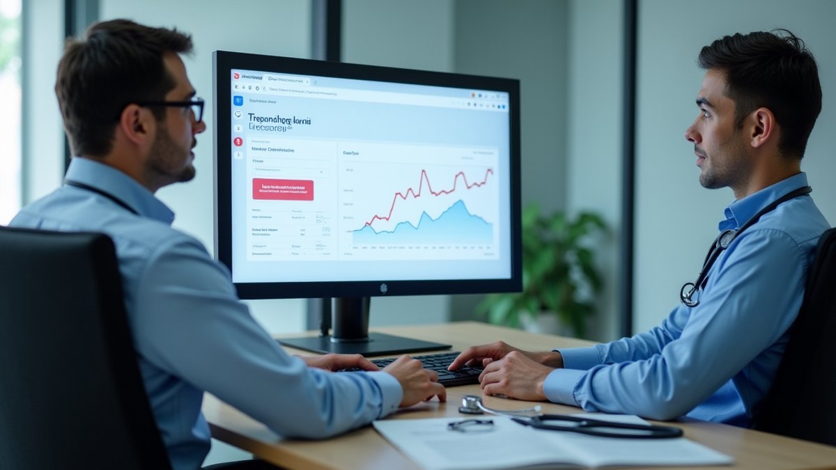 Healthcare compliance officer audits web tracking pixel alert on monitor, reflecting legal and regulatory scrutiny.